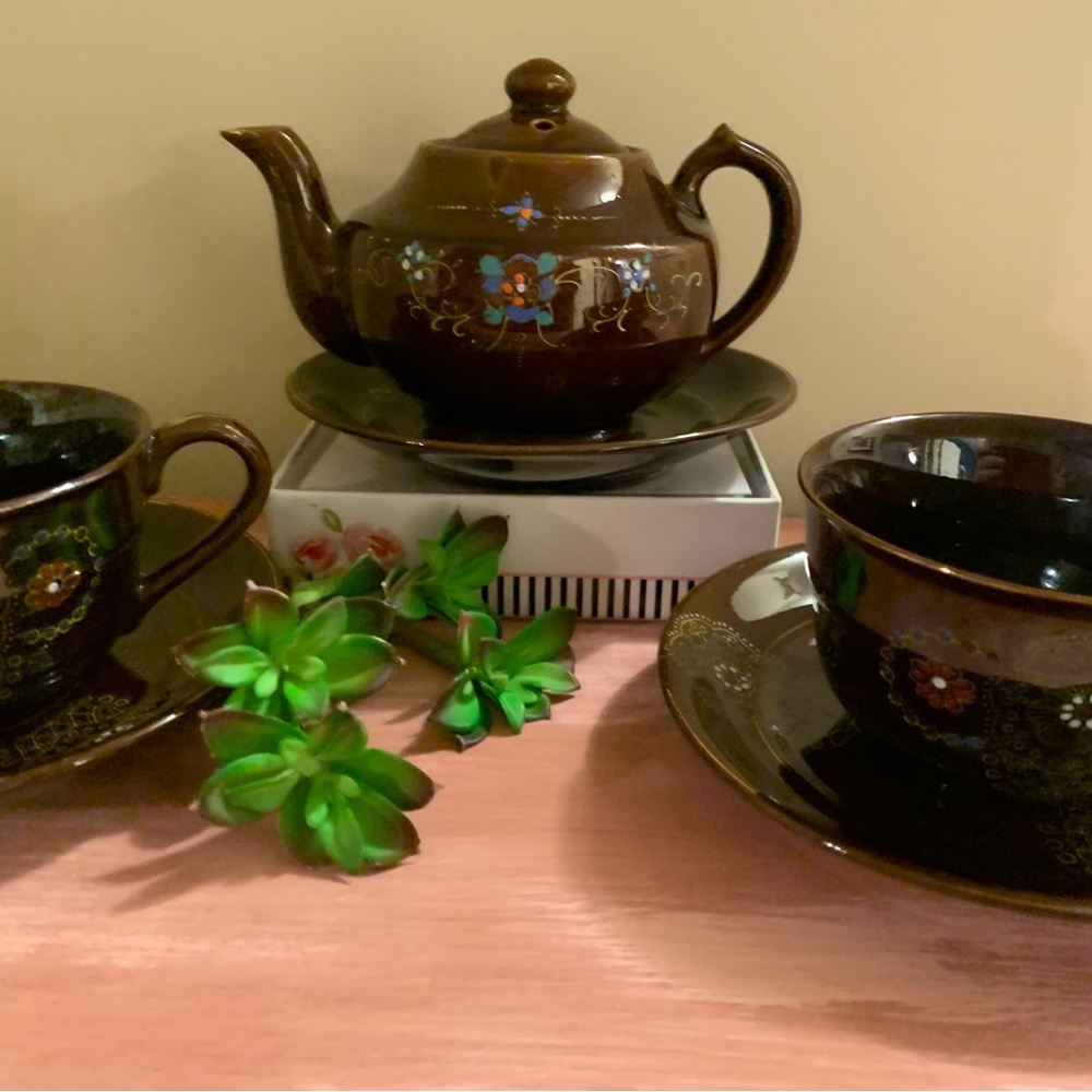 Vintage Japanese Flower Clay Teapot Set Hand Painted